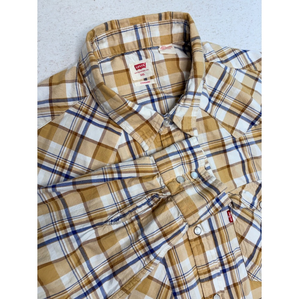 Levis Western Shirt Mens XXL Tan Blue Plaid Pearl Snap‎ Long Sleeve Standard Fit
